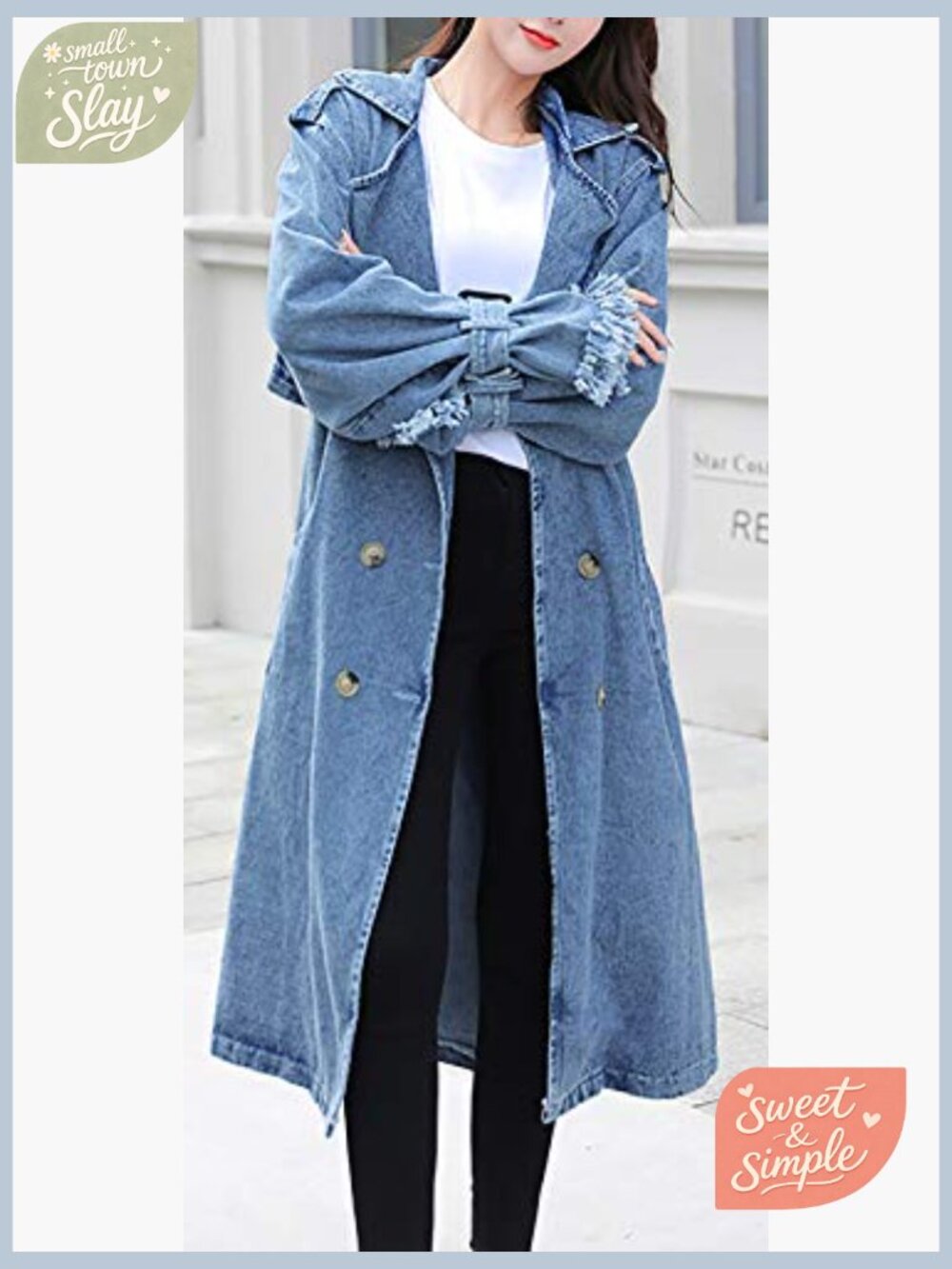 Women's Long Denim Jacket with Belt Oversized Trench Coat Button Down Spring - Picture 2 of 5